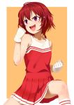  &gt;:d 1girl :d cheerleader clenched_hands commentary_request gloves idolmaster idolmaster_cinderella_girls kneehighs murakami_tomoe open_mouth orange_background pettan_p redhead short_hair simple_background smile solo sweat violet_eyes white_gloves 