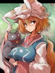  1girl bell bell_collar bespectacled breasts chen chen_(cat) collar covered_nipples fox_tail glasses hat jingle_bell long_sleeves md5_mismatch ofuda orange_hair pillow_hat red_eyes ryuno short_hair tabard tail touhou yakumo_ran 