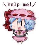  1girl bat_wings blue_hair blush bound bound_wrists bow brooch chibi commentary_request dress fang hat hat_bow jewelry mob_cap no_shoes noai_nioshi patch pink_dress remilia_scarlet short_sleeves simple_background solo touhou wings |_| 