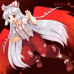  1girl boots bow fiery_wings fighting_stance fire fujiwara_no_mokou hair_bow long_hair monrooru red_eyes solo suspenders tongue tongue_out touhou very_long_hair white_hair wings 