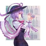  1girl bartender bottle from_side glass hat hat_ribbon long_sleeves looking_at_viewer nagae_iku pink_eyes purple_hair ribbon shawl short_hair skirt solo terajin touhou vest 