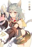  1girl animal_ears armlet bangs belt blush braid breasts center_opening claw_(weapon) collar color_guide cowboy_shot cutout elbow_gloves erun_(granblue_fantasy) eyebrows eyebrows_visible_through_hair gloves granblue_fantasy hair_between_eyes hood long_hair looking_at_viewer looking_to_the_side low-tied_long_hair mayachi_(amuriya) midriff miniskirt open_mouth orange_eyes outstretched_arms paw_gloves pleated_skirt sen_(granblue_fantasy) sideboob silver_hair skirt sleeveless solo sweatdrop thighs weapon 