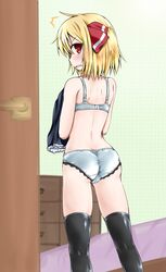  /\/\/\ 1girl ass back black_legwear blonde_hair blush bra fang hair_ribbon kirino_souya looking_at_viewer looking_back open_mouth panties red_eyes ribbon rumia shirt_removed solo surprised thigh-highs touhou underwear underwear_only undressing walk-in white_bra white_panties 