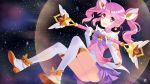  +_+ 1girl artist_name boots choker earrings elbow_gloves gloves hair_ornament jewelry knee_boots league_of_legends luxanna_crownguard magical_girl melisa_amaro miniskirt open_mouth pink_eyes pink_hair pleated_skirt purple_skirt skirt sky smile solo star star_(sky) star_earrings star_guardian_lux starry_sky twintails wand watermark white_boots white_gloves 