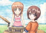  2girls brown_eyes brown_hair collarbone commentary field girls_und_panzer grass hatch hill looking_at_viewer looking_back military military_vehicle multiple_girls nishizumi_maho nishizumi_miho omachi_(slabco) panzerkampfwagen_ii short_hair siblings sisters sky smile tank tank_top traditional_media vehicle watercolor_(medium) younger 
