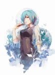  1girl blue_hair fuurin hair_over_one_eye kirishima_touka looking_at_viewer open_mouth raised_hand red_eyes short_hair sleeves_rolled_up solo tokyo_ghoul vest 