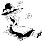  1girl apron book bow frills greyscale hat hat_bow kirisame_marisa monochrome mushroom natsume_(menthol) puffy_sleeves simple_background sitting solo star thinking thought_bubble touhou vest waist_apron wavy_hair witch_hat 