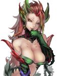  1girl :q breasts claws cleavage highres kumiko_shiba league_of_legends long_hair looking_at_viewer redhead simple_background slit_pupils solo tongue tongue_out white_background yellow_eyes zyra 