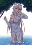  1girl breasts cleavage collarbone elf groin hand_to_own_mouth long_hair pointy_ears red_eyes shiraha_(pixiv10239953) shirt slit_pupils solo tree wading water white_hair 