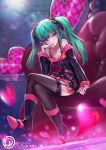  1girl 2016 absurdres aqua_eyes boots butterfly_hair_ornament copyright_name couch crossed_legs dated full_body garter_straps green_hair hair_ornament hatsune_miku heart high_heels highres lace lace-trimmed_thighhighs long_hair oop sitting skirt smile solo sweet_devil_(vocaloid) thigh-highs twintails vocaloid 