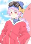  1girl beanie blush breath contemporary ear_blush ear_piercing expressionless hands_in_pockets hat hat_ribbon highres jacket mana_(gooney) piercing red_eyes ribbed_sweater ribbon sketch ski_goggles snow snowboard solo sweater touhou turtleneck upper_body watatsuki_no_yorihime 