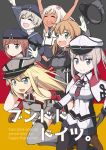  6+girls :d ^_^ anchor bangs bare_shoulders bismarck_(kantai_collection) black_gloves black_legwear black_skirt blonde_hair blue_eyes blunt_bangs blush breastplate brown_hair caplet closed_eyes cover cover_page detached_sleeves dress flower german_flag gloves graf_zeppelin_(kantai_collection) green_eyes grey_eyes grey_legwear hair_flower hair_ornament harunatsu_akito hat hat_removed headwear_removed highres kantai_collection long_hair low_twintails military military_hat military_uniform multiple_girls neckerchief open_mouth pale_skin pantyhose peaked_cap pleated_skirt prinz_eugen_(kantai_collection) ro-500_(kantai_collection) sailor_collar sailor_dress school_swimsuit short_dress short_hair skirt smile sweat swimsuit swimsuit_under_clothes tan thigh-highs twintails uniform wavy_mouth white_gloves white_hair z1_leberecht_maass_(kantai_collection) z3_max_schultz_(kantai_collection) 