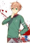  1boy akito_ishikawa blonde_hair blood blood_splatter bloody_chronicles copyright_name earrings green_eyes hand_on_hip jewelry logo male_focus official_art smile solo sweater 