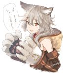  1girl animal_ears bangs blush breasts claw_(weapon) collar elbow_gloves erun_(granblue_fantasy) eyebrows eyebrows_visible_through_hair fang flipped_hair gloves granblue_fantasy hair_between_eyes hands_together hood long_hair looking_at_viewer looking_to_the_side nervous nosuku open_mouth orange_eyes paw_gloves sen_(granblue_fantasy) sideboob silver_hair sleeveless solo speech_bubble sweatdrop translated twitter_username upper_body weapon 