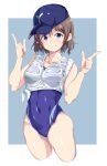  1girl alp blue_eyes blush breasts brown_hair competition_swimsuit hat looking_at_viewer love_live!_school_idol_project love_live!_sunshine!! one-piece_swimsuit shirt short_hair smile solo swimsuit swimsuit_under_clothes tied_shirt watanabe_you wet wet_clothes 