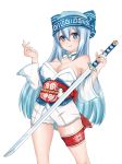  1girl absurdres blue_eyes blue_hair blush breasts cleavage headband highres japanese_clothes katana kimino_yume kimono long_hair original simple_background smile solo sword weapon yuki_onna 