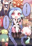  3girls absurdly_long_hair amumu annie_hastur ashe_(league_of_legends) beancurd biting_hair blindfold blue_eyes blue_hair blush boots braid breasts caitlyn_(league_of_legends) cape cellphone check_translation chinese cleavage collar commentary_request doll extra_eyes fingerless_gloves flat_chest gloves highres hood illaoi jinx_(league_of_legends) kog&#039;maw league_of_legends lee_sin long_hair multiple_girls mummy mushroom open_mouth out_of_frame phone pink_eyes shell_casing shorts single_thighhigh smartphone speech_bubble spiked_shell stairs tattoo tears teemo tentacles thigh-highs translation_request twin_braids very_long_hair white_hair zac 