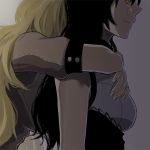  2girls arms_around_neck black_hair blake_belladonna blonde_hair crying expressionless head_on_back hug hug_from_behind kuroda_(nanchara_flight) long_hair multiple_girls out_of_frame rwby tears yang_xiao_long yellow_eyes 