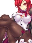  1girl bangs breasts brown_legwear buttons card closed_mouth clubs colored_eyelashes diamond_(shape) elesis_(elsword) elsword eyebrows eyebrows_visible_through_hair eyelashes fi-san flower gloves hand_on_own_chest heart highres large_breasts leotard long_hair looking_at_viewer pantyhose playing_card red_eyes red_flower red_rose redhead rose sitting smile solo spade swept_bangs thigh_strap transparent_background white_gloves wrist_cuffs 