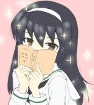  1girl bangs black_hair book brown_eyes commentary_request covering_mouth gedou_(ge_ge_gedou) girls_und_panzer hair_between_eyes hairband holding holding_book long_hair looking_at_viewer reizei_mako school_uniform serafuku solo sparkle sparkle_background translation_request 
