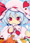  1girl blue_hair cherry chikado cream cucumber eating egg eyelashes flag food food_on_face fruit hair_between_eyes hat hat_ribbon heart long_sleeves mob_cap pasta pudding red_eyes red_ribbon remilia_scarlet ribbon salad short_hair solo spaghetti spoon tako-san_wiener teeth tempura touhou 