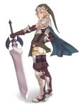  1boy armor blonde_hair blue_eyes boots brown_boots brown_gloves cape earrings full_body gloves hand_on_hip hat jewelry link male male_focus master_sword melisa_amaro pointy_ears pouch shin_guards shoulder_armor solo the_legend_of_zelda triforce watermark 