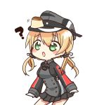  1girl :o ? anchor_hair_ornament blonde_hair commentary gloves green_eyes hair_ornament hat highres jako_(jakoo21) kantai_collection pleated_skirt prinz_eugen_(kantai_collection) pudding skirt solo twintails uniform white_gloves 