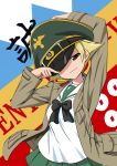  1girl adjusting_clothes adjusting_hat blonde_hair bow brown_eyes brown_jacket commentary cowboy_shot erwin_(girls_und_panzer) girls_und_panzer goggles_on_hat green_skirt hat hat_over_one_eye highres jacket long_sleeves looking_at_viewer military military_uniform miniskirt nekota_susumu open_clothes open_jacket peaked_cap pleated_skirt pointy_hair school_uniform serafuku short_hair skirt smile smirk solo standing uniform white_blouse 