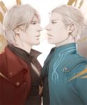  2boys artist_name coat dante_(devil_may_cry) devil_may_cry face-to-face facial_hair frown male_focus multiple_boys rynisyou signature smile stubble upper_body vergil white_hair 