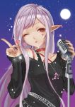  1girl :o choker collarbone earrings elf heart jewelry lavender_hair microphone moon one_eye_closed pointy_ears red_eyes shiraha_(pixiv10239953) silver_hair slit_pupils solo star 