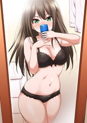  1girl black_bra black_panties blush bra breasts brown_hair cellphone chest_of_drawers cleavage green_eyes highres idolmaster idolmaster_cinderella_girls lace-trimmed_panties long_hair mirror navel panties phone reflection self_shot shibuya_rin shouji_nigou smartphone solo underwear underwear_only 