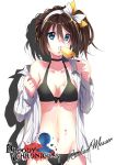  1girl bare_shoulders bikini bloody_chronicles blue_eyes blush bow breasts choker collarbone copyright_name cowboy_shot eating hair_between_eyes hair_bow hair_ribbon hair_up hairband kaoru_moriyama logo long_hair looking_at_viewer off_shoulder official_art open_clothes open_mouth open_shirt popsicle ribbon seiyuu shadow shirt simple_background solo standing swimsuit tareme under_boob white_background white_shirt 