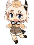  1girl blush_stickers chibi garrison_cap goggles goggles_around_neck hat head_wings highres hitonounti looking_at_viewer military military_uniform open_mouth outstretched_arms pink_hair raisa_pottgen simple_background smile solo standing_on_one_leg strike_witches tail uniform white_background 