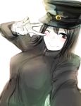  akitsu_maru_(kantai_collection) bangs black_hair breasts brown_eyes commentary_request gloves hand_up hat highres hometa kantai_collection military military_hat military_uniform one_eye_closed outstretched_arm peaked_cap self_shot short_hair smile solo uniform v 
