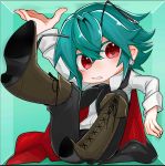  1girl antennae bifrst boots box cape chibi earrings green_hair high_heel_boots high_heels highres in_box in_container jewelry red_eyes short_hair solo touhou wriggle_nightbug 
