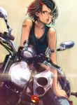  1girl barcode_tattoo bare_arms bare_shoulders black_hair boyaking chemise collarbone earrings green_eyes hair_ornament hairclip jewelry looking_at_viewer motor_vehicle motorcycle original pants revision solo tattoo vehicle 