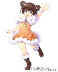  1girl bangs blue_eyes boots bracelet brown_boots brown_hair double_bun dress hair_ornament jewelry kobari_ami komimiyako looking_at_viewer material_girl official_art open_mouth orange_dress raised_hand solo standing_on_one_leg watermark waving white_background 