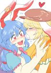  2girls animal_ears blonde_hair blouse blue_hair blush closed_eyes dango face-to-face food hat heart highres incipient_kiss mana_(gooney) mouth_hold multiple_girls open_mouth ponytail rabbit_ears red_eyes ringo_(touhou) seiran_(touhou) short_hair sketch sweatdrop touhou wagashi 