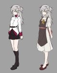  1girl apron belt black_legwear bow fine_von_linz full_body grey_background jitome long_hair looking_at_viewer military military_uniform miniskirt multiple_views nilitsu silver_hair simple_background sketch skirt standing tairiku_eiyuu_senki uniform yellow_bow yellow_eyes 