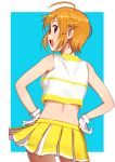  1girl ahoge back bare_shoulders blue_background border contrapposto cowboy_shot crop_top from_behind gloves hands_on_hips ibuki_tsubasa idolmaster idolmaster_million_live! looking_back orange_hair pettan_p pink_eyes pleated_skirt profile shirt short_hair simple_background skirt sleeveless sleeveless_shirt solo white_border white_gloves white_shirt yellow 