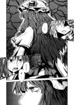  3girls black_eye bow cape comic ears flandre_scarlet from_behind greyscale hair_ornament hat hong_meiling injury long_hair long_sleeves low-tied_long_hair mob_cap monochrome multiple_girls open_mouth patchouli_knowledge pointy_ears simple_background slit_pupils touhou translated yokochou 