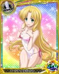  1girl ahoge artist_request asia_argento bikini bishop_(chess) blonde_hair breasts card_(medium) character_name chess_piece cleavage covered_nipples green_eyes high_school_dxd long_hair official_art pink_swimsuit see-through shiny shiny_skin side-tie_bikini solo swimsuit tears towel trading_card very_long_hair 