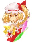  1girl ascot blonde_hair blush crystal face flandre_scarlet hat hat_ribbon highres looking_at_viewer mob_cap portrait puffy_sleeves ribbon shimako shirt short_sleeves side_ponytail simple_background smile solo touhou vest white_background wrist_cuffs yellow_eyes 