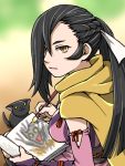  1girl book breasts brown_hair camon cat child_drawing cleavage drawing fire_emblem fire_emblem_if hair_over_one_eye kagerou_(fire_emblem_if) long_hair orange_eyes ponytail scarf solo 