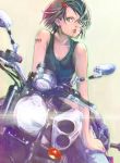  1girl barcode_tattoo bare_arms bare_shoulders black_hair boyaking chemise collarbone earrings green_eyes hair_ornament hairclip jewelry looking_at_viewer md5_mismatch motor_vehicle motorcycle original pants solo tattoo vehicle 