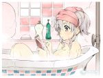  1girl :o bag bathing bathtub breasts cellphone grey_eyes hair_between_eyes kantai_collection kashima_(kantai_collection) large_breasts naitou_ryuu nude partially_submerged phone pipes plastic_bag shampoo_bottle sidelocks silver_hair sitting smartphone solo star steam towel towel_on_head twintails twitter_username 