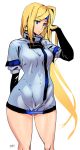  1girl ashiomi_masato blonde_hair blue_eyes elbow_gloves gloves guilty_gear headband millia_rage side_ponytail solo thighs 