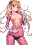  1girl :o bakuon!! bell blonde_hair blush bodysuit breasts cleavage hair_bell hair_ornament large_breasts long_hair looking_at_viewer navel partially_unzipped solo suzunoki_rin twintails unzipping urokoda 