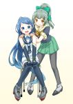  2girls :d bangs black_legwear blue_eyes blue_hair elbow_gloves full_body gloves gradient_hair green_hair hands_on_own_knees hands_on_shoulders kantai_collection long_hair looking_at_viewer multicolored_hair multiple_girls open_mouth pantyhose pleated_skirt sailor_collar samidare_(kantai_collection) school_uniform serafuku shirt simple_background sitting skirt sleeveless sleeveless_shirt smile stool swept_bangs thigh-highs very_long_hair yagi_gojou yellow_eyes yuubari_(kantai_collection) 