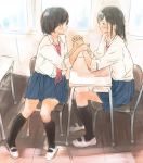  2girls black_eyes black_hair chair classroom desk holding_hands kneehighs looking_at_another multiple_girls necktie original school_desk school_uniform shoes sitting skirt syou_(endemic_species) uwabaki yuri 